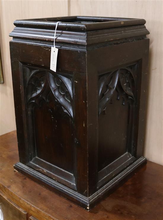 A Gothic style carved stick stand W.39cm
